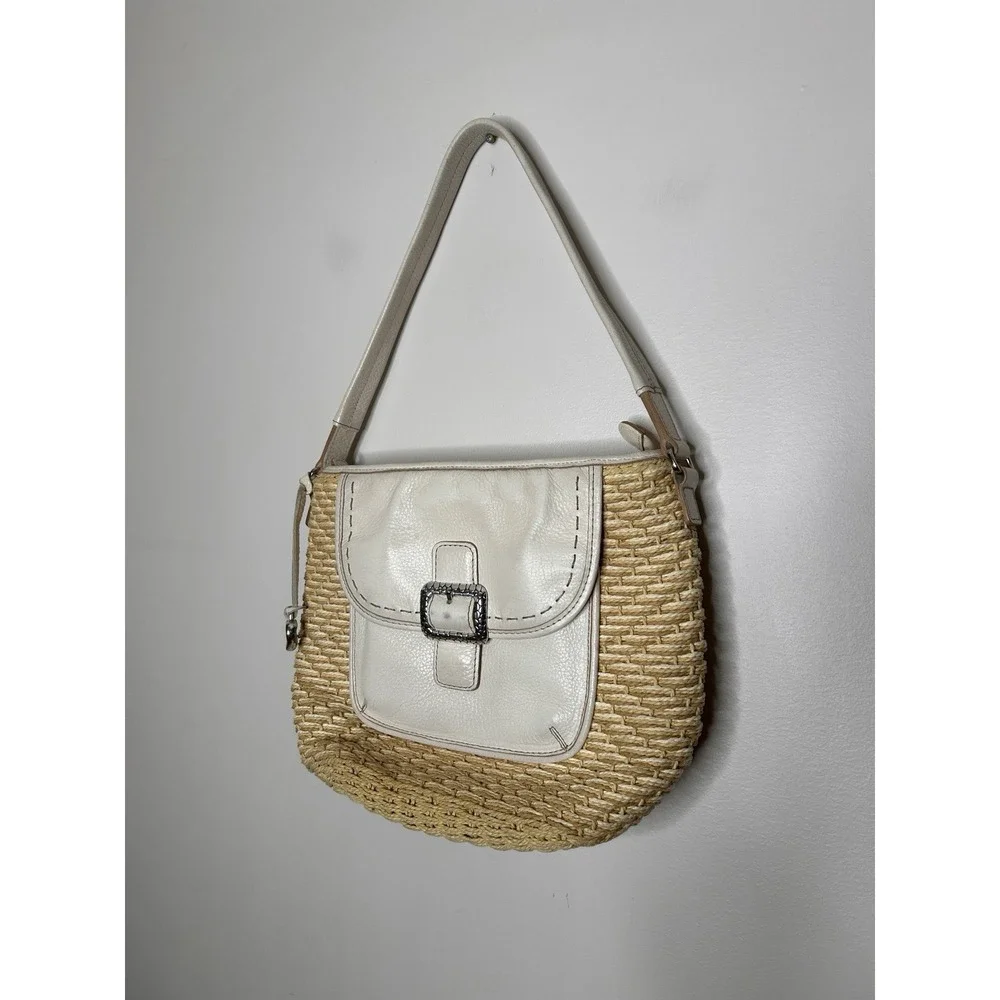 Brighton Woven Straw & Ivory Leather Shoulder Bag Buckle Accent Heart Charm